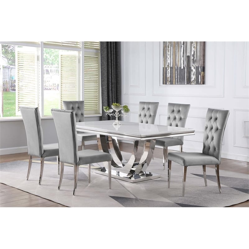Pemberly Row 7-piece Modern Metal Base Dining Room Set in Gray and Chrome