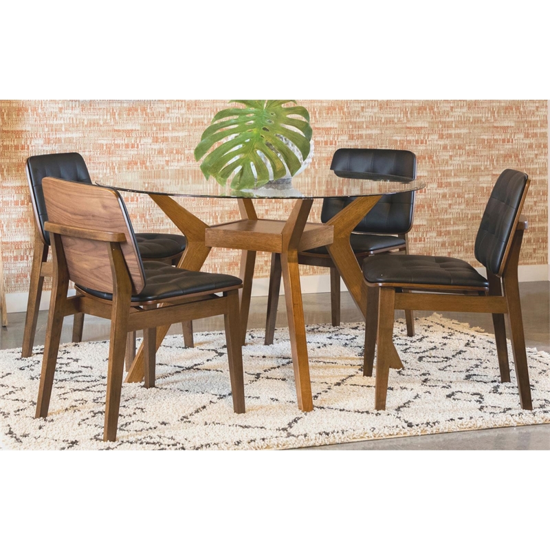 Pemberly Row 5-Piece Round Contemporary Wood & Glass Dining Set in Nutmeg