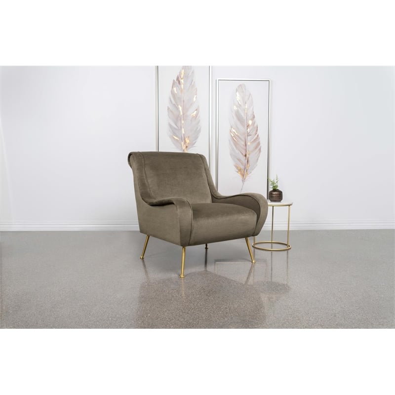 Pemberly Row Upholstered Velvet Accent Chair with Saddle Arms in Brown and Gold