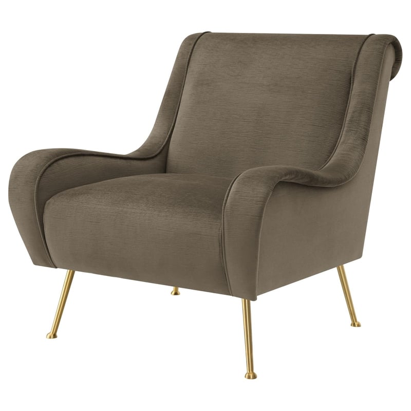 Pemberly Row Upholstered Velvet Accent Chair with Saddle Arms in Brown and Gold