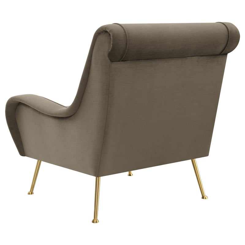 Pemberly Row Upholstered Velvet Accent Chair with Saddle Arms in Brown and Gold