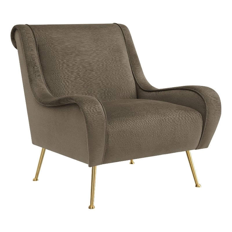 Pemberly Row Upholstered Velvet Accent Chair with Saddle Arms in Brown and Gold