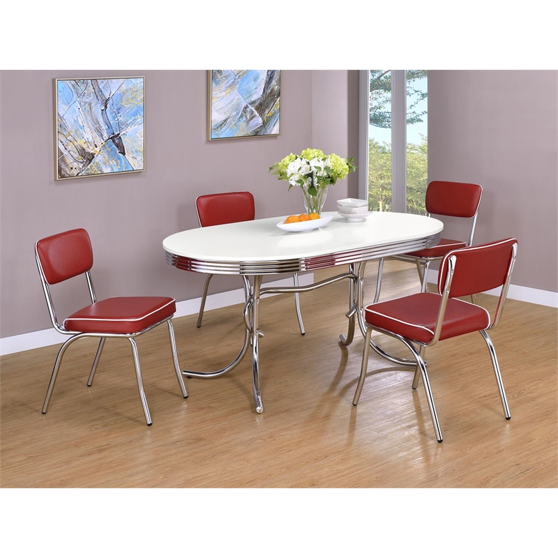 Pemberly Row 5-Piece Contemporary Metal Oval Dining Set in Chrome and Red