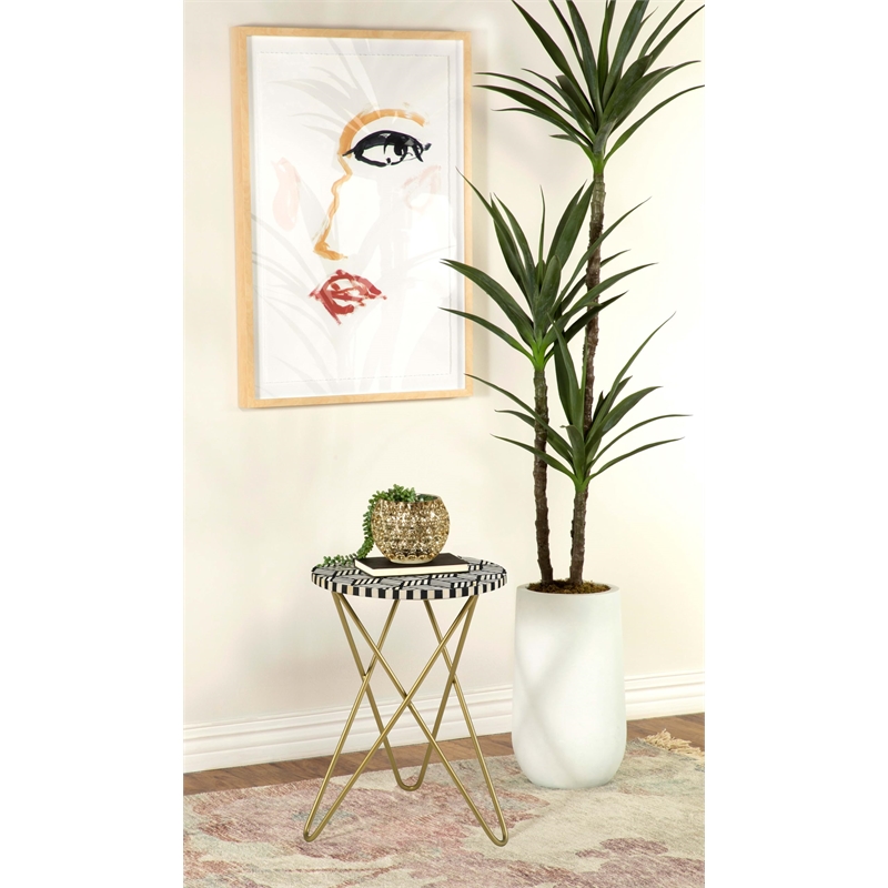 Pemberly Row Round Modern Metal Accent Table with Hairpin Legs in Gold/Black