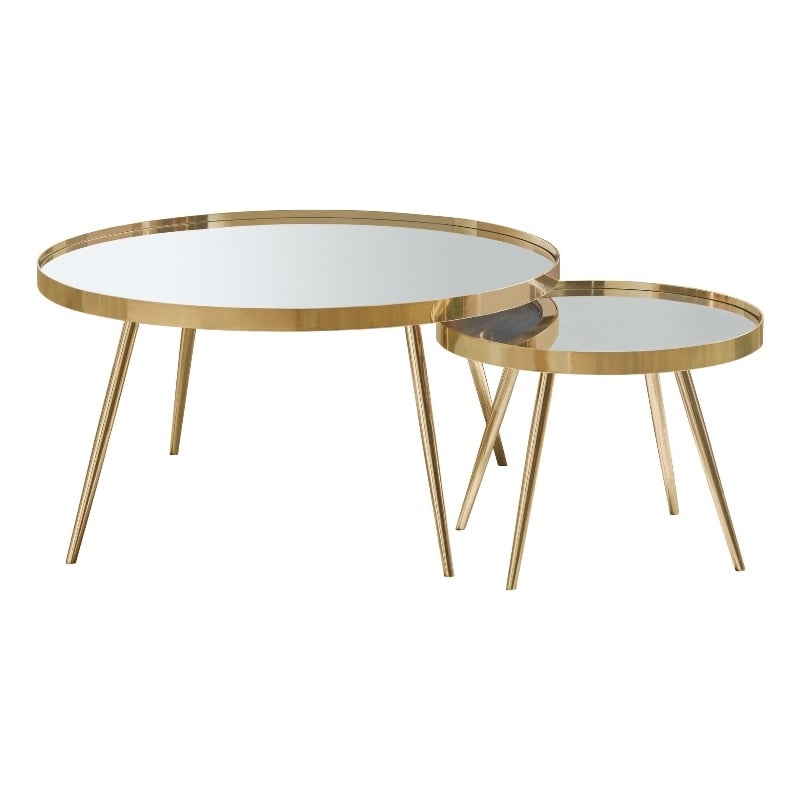 Pemberly Row Metal 2-piece Mirror Top Nesting Coffee Table Mirror and Gold