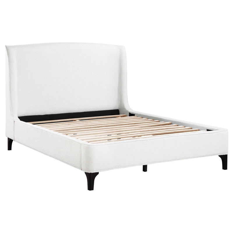 Pemberly Row Fabric Upholstered Curved Headboard Eastern King Bed in White