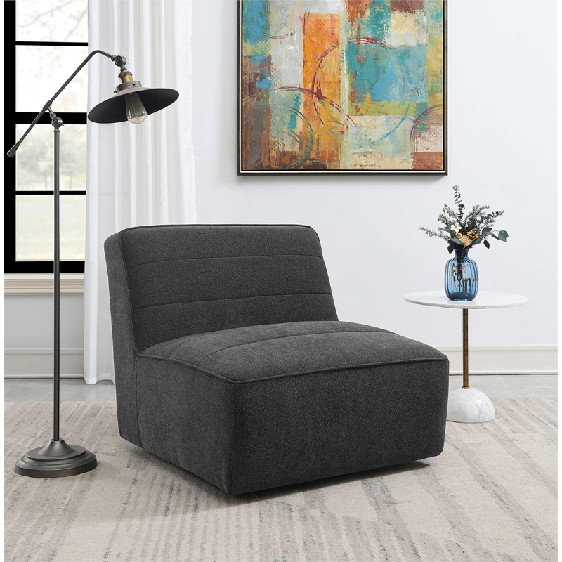 Pemberly Row Upholstered Fabric Swivel Chair with Armless in Dark Charcoal