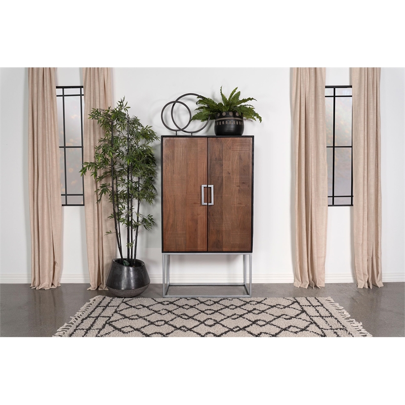 Pemberly Row 2-door Modern Wood Bar Cabinet Wine Storage in Walnut and Black