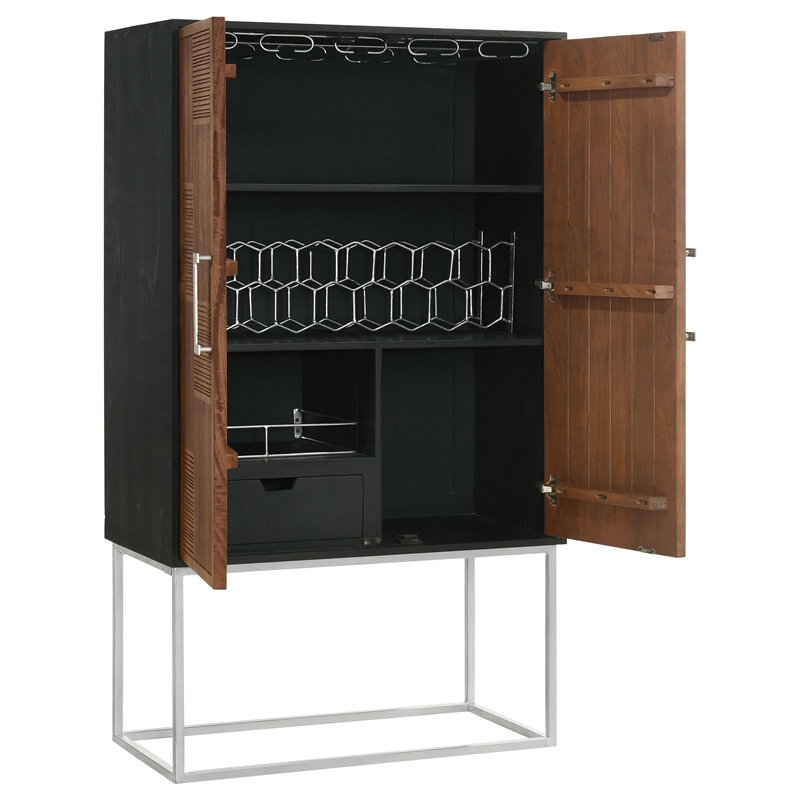 Pemberly Row 2-door Modern Wood Bar Cabinet Wine Storage in Walnut and Black
