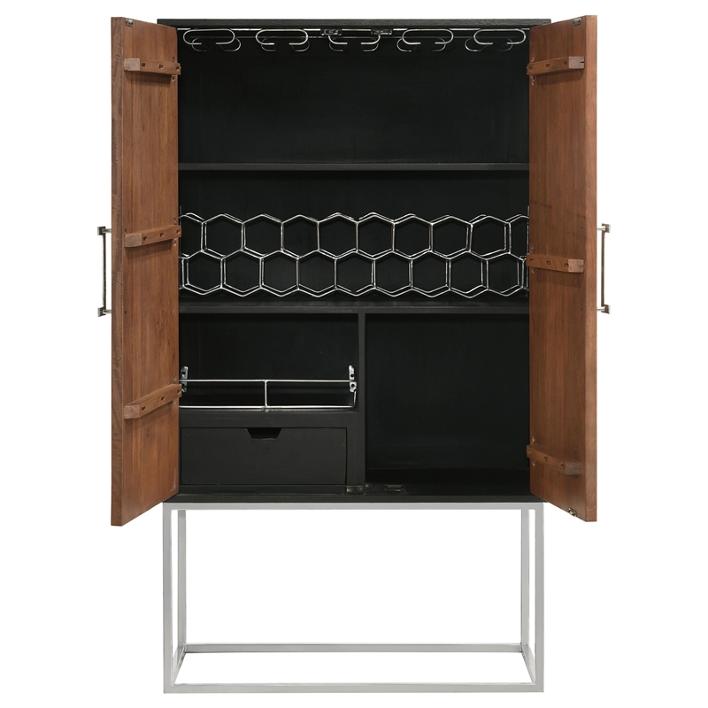 Pemberly Row 2-door Modern Wood Bar Cabinet Wine Storage in Walnut and Black