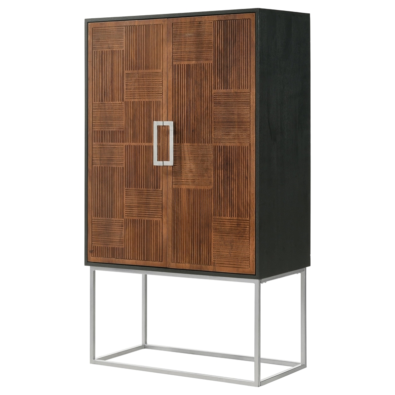 Pemberly Row 2-door Modern Wood Bar Cabinet Wine Storage in Walnut and Black