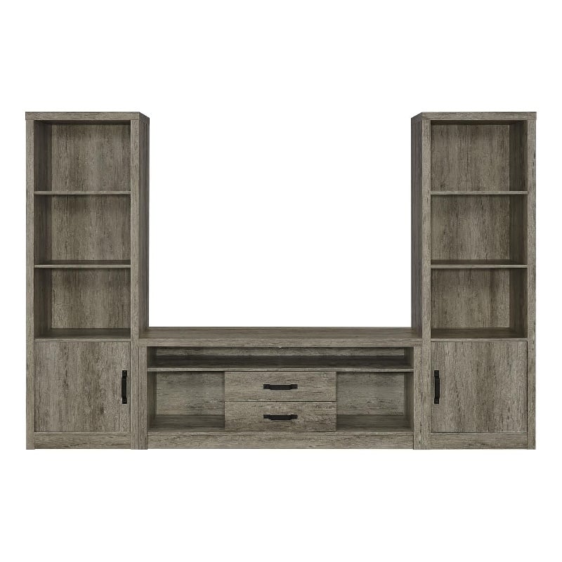 Pemberly Row 3-Piece Farmhouse Wood Entertainment Center in Gray Driftwood