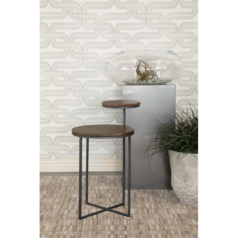 Pemberly Row 2-Tier Round Contemporary Metal Accent Table in Natural/Gunmetal