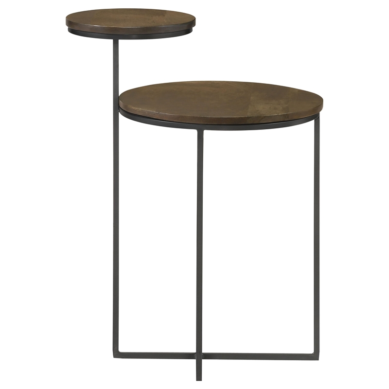 Pemberly Row 2-Tier Round Contemporary Metal Accent Table in Natural/Gunmetal