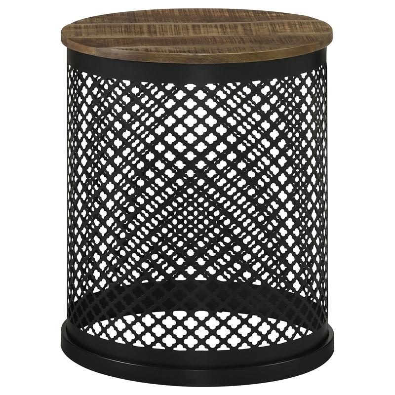 Pemberly Row Round Contemporary Metal Drum Base Accent Table in Black/Natural