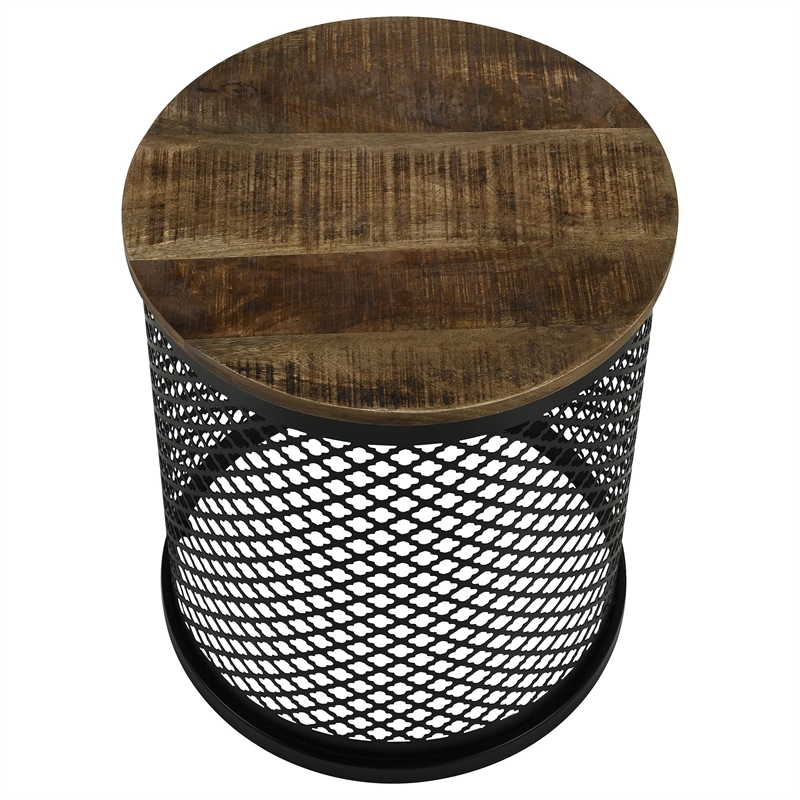 Pemberly Row Round Contemporary Metal Drum Base Accent Table in Black/Natural