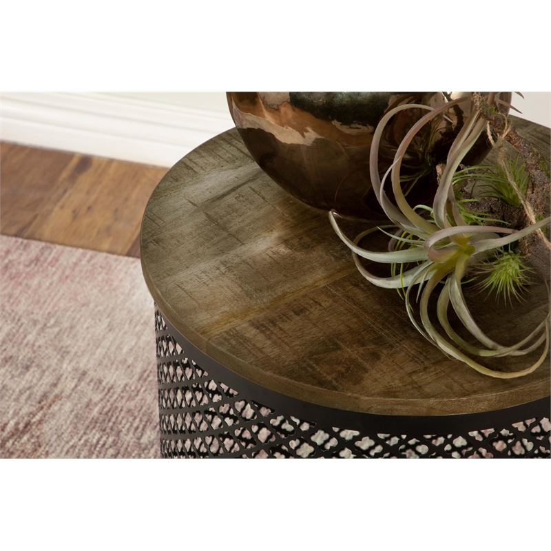Pemberly Row Round Contemporary Metal Drum Base Accent Table in Black/Natural