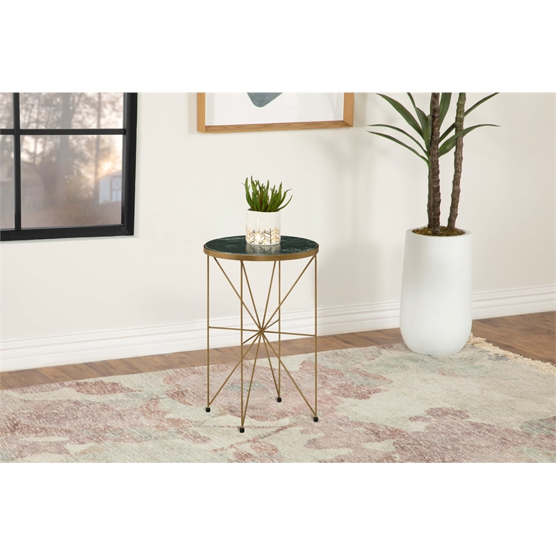Pemberly Row Round Contemporary Metal Accent Table in Antique Gold/Green Gray
