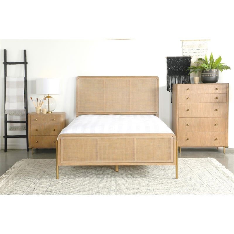 Pemberly Row Upholstered Wood Queen Panel Bed in Sand Wash and Natural Cane