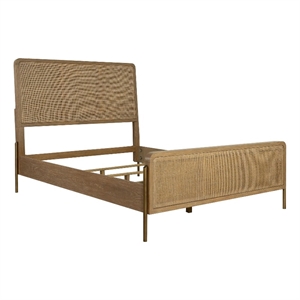 Pemberly Row Upholstered Wood Queen Panel Bed in Sand Wash and Natural Cane