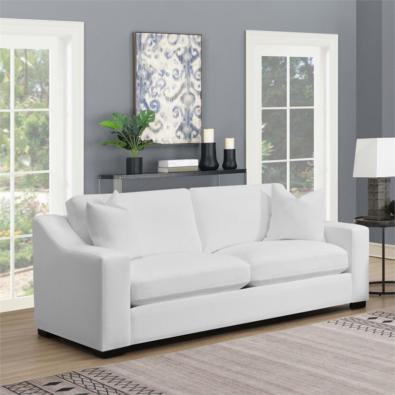 Pemberly Row Transitional Upholstered Fabric Sofa with Sloped Arms in White