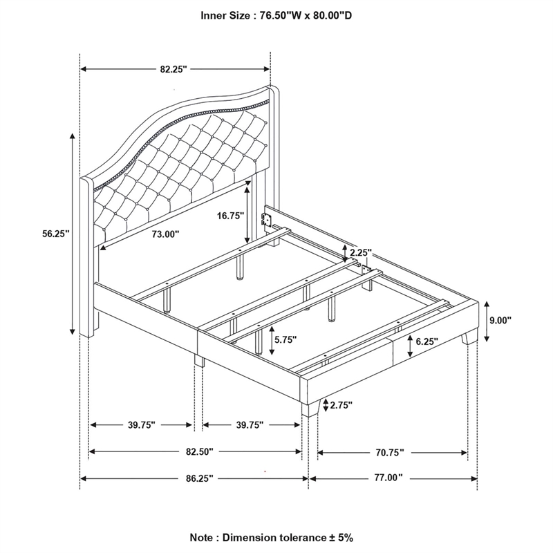 Pemberly Row Transitional Fabric Upholstered Camel Back Eastern King Bed Gray
