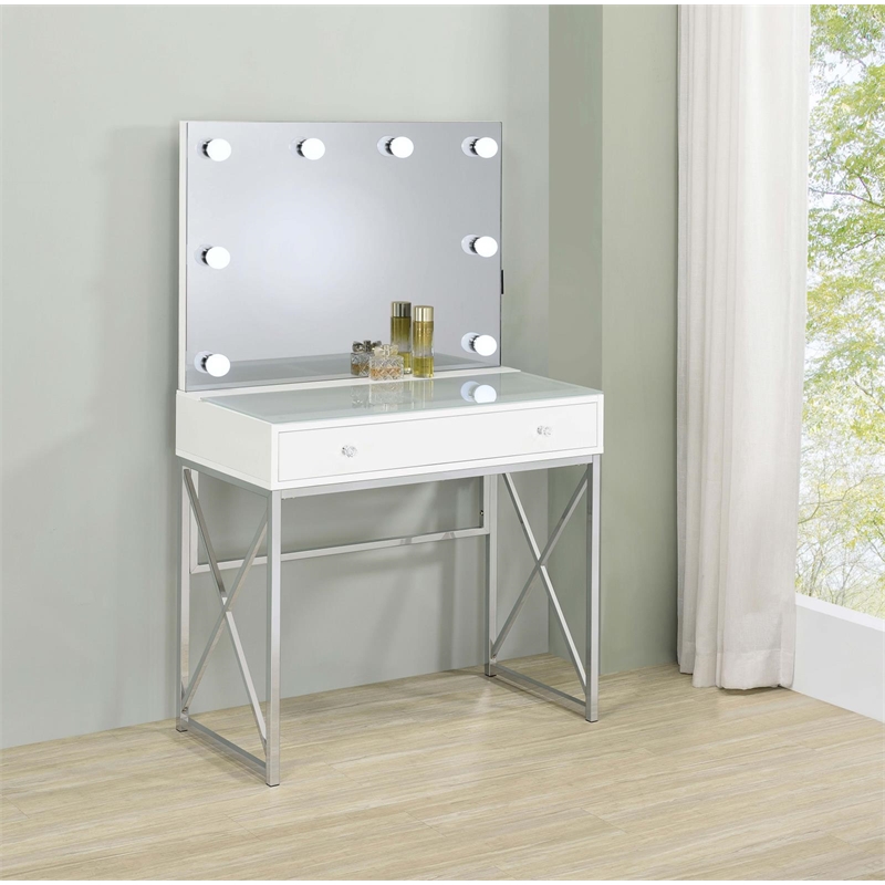 Pemberly Row 2-piece Wood Vanity Set with Hollywood Lighting White and Chrome
