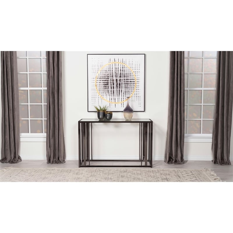 Pemberly Row Metal Rectangular Glass Top Sofa Table in Clear and Black Nickel