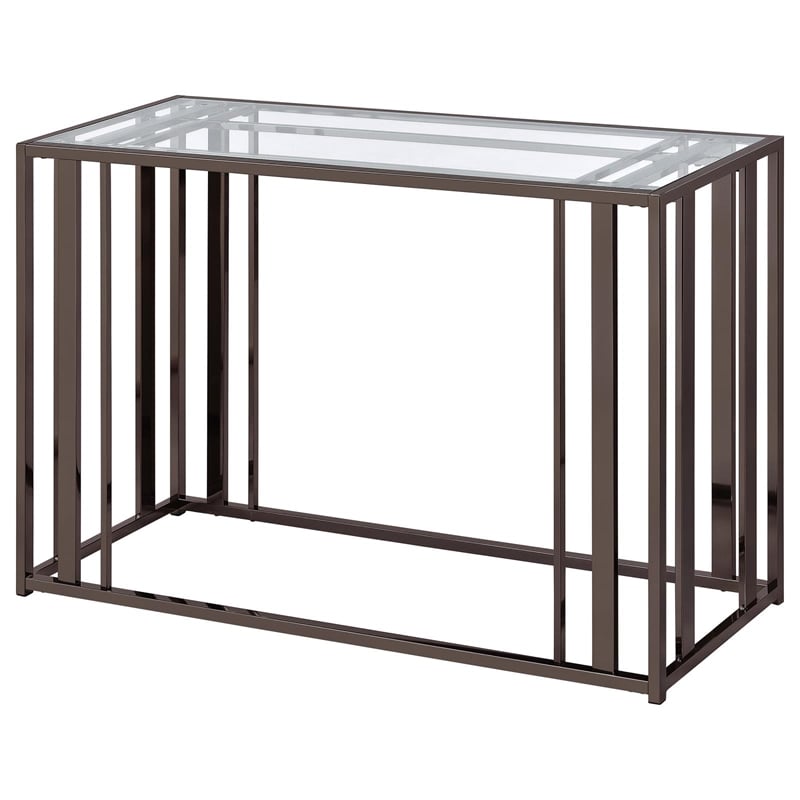 Pemberly Row Metal Rectangular Glass Top Sofa Table in Clear and Black Nickel