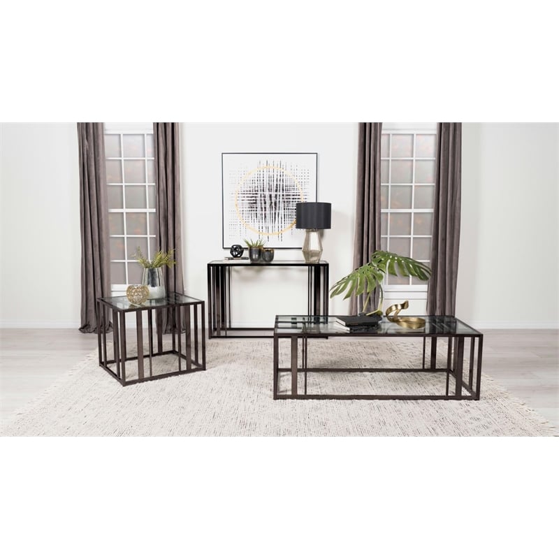 Pemberly Row Metal Rectangular Glass Top Sofa Table in Clear and Black Nickel