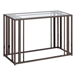 pemberly row metal rectangular glass top sofa table in clear and black nickel