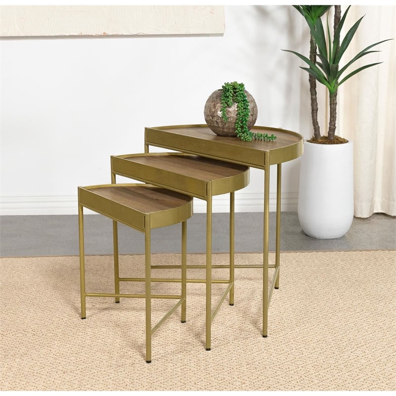 Pemberly Row 3-Piece Transitional Metal Demilune Nesting Table Brown and Gold