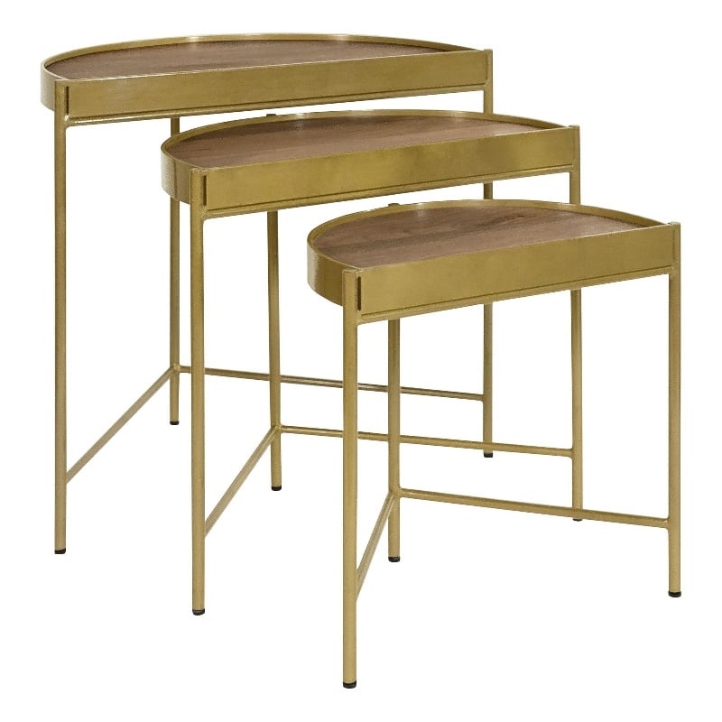 Pemberly Row 3-Piece Transitional Metal Demilune Nesting Table Brown and Gold