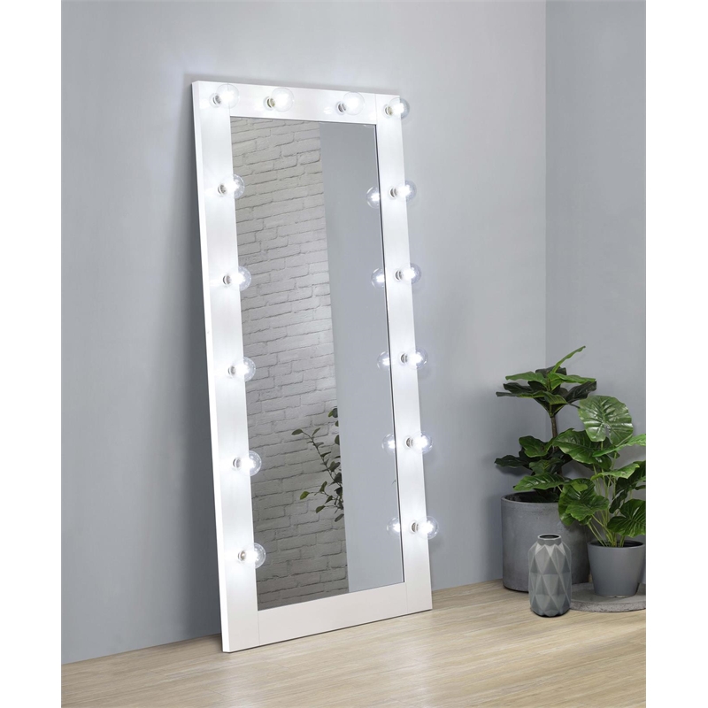 Pemberly Row Glass Full Length Floor Mirror with Lighting in White and Mirror