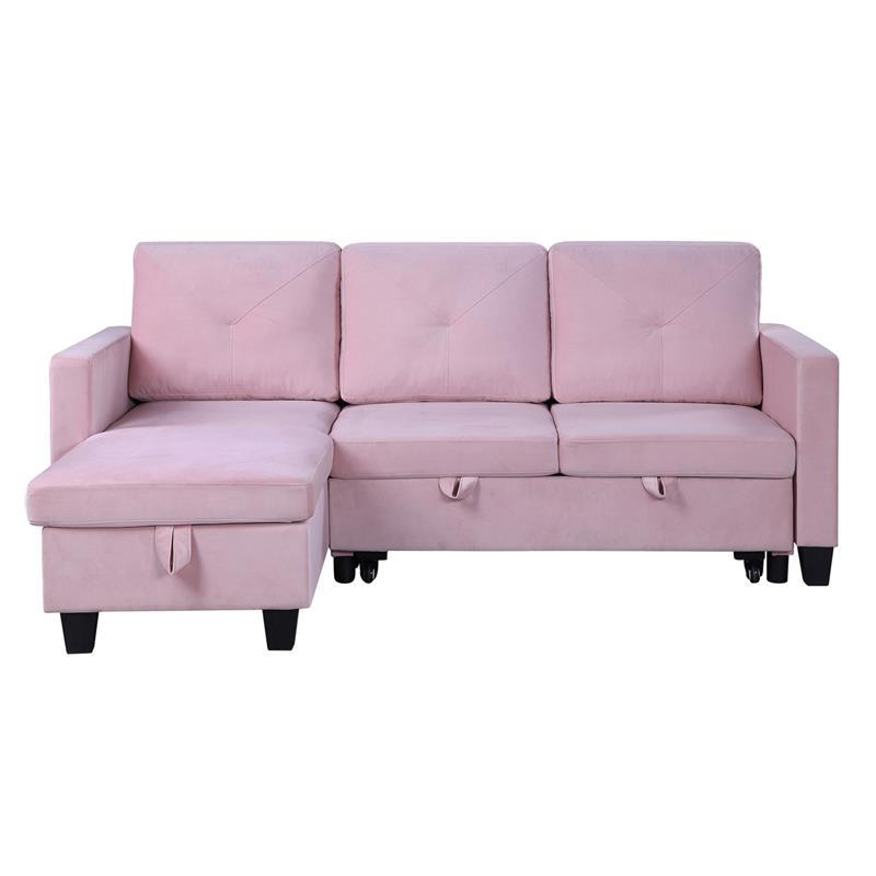 Pemberly Row Velvet Reversible Sleeper Sectional with Storage in Pink