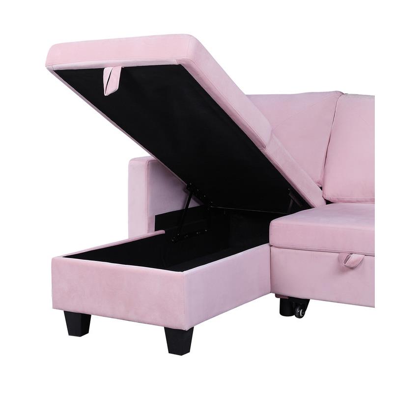 Pemberly Row Velvet Reversible Sleeper Sectional with Storage in Pink