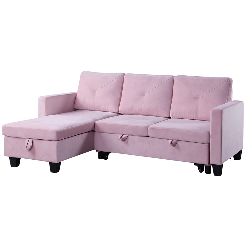 Pemberly Row Velvet Reversible Sleeper Sectional with Storage in Pink