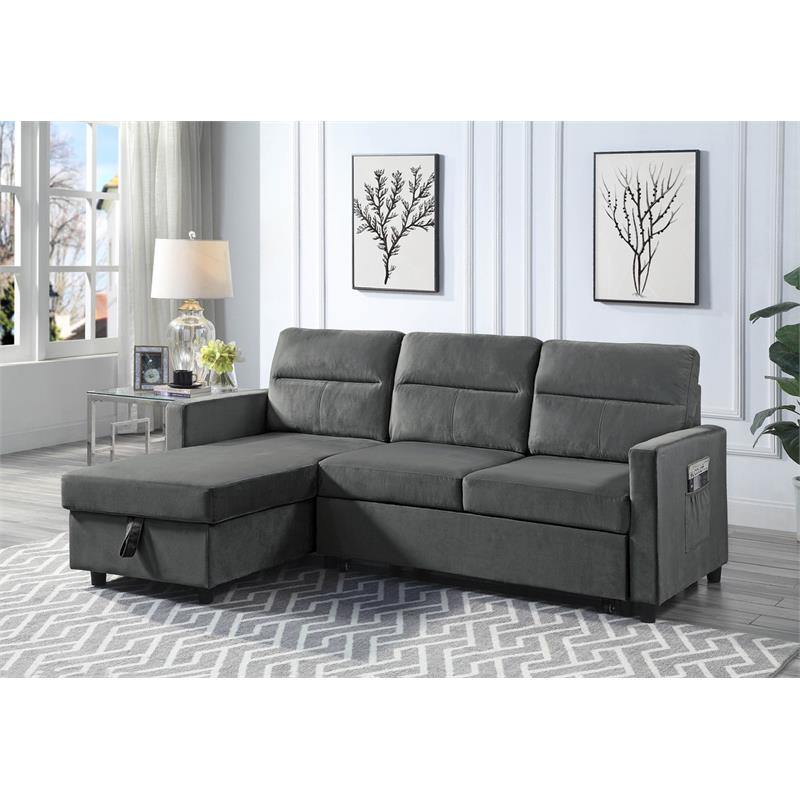 Pemberly Row Velvet Reversible Sleeper Sectional with Storage in Dark Gray