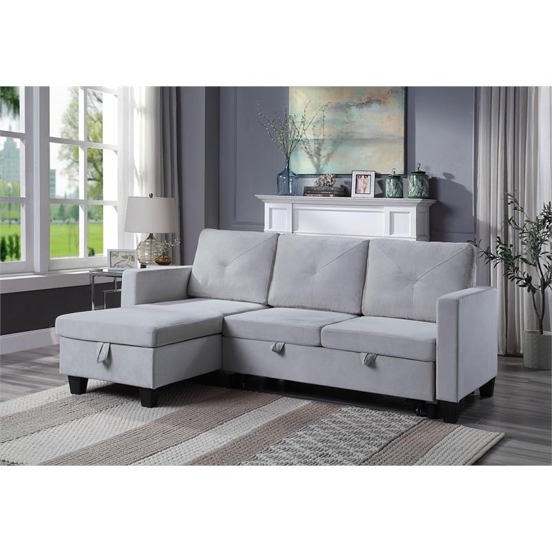 Pemberly Row Velvet Reversible Sleeper Sectional with Storage in Light Gray