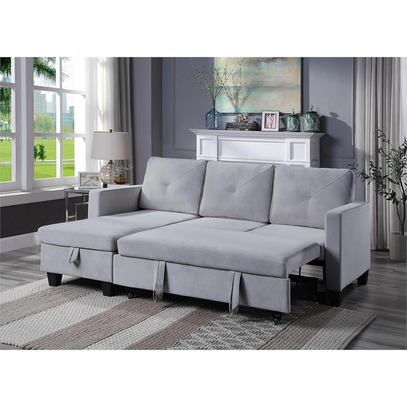 Pemberly Row Velvet Reversible Sleeper Sectional with Storage in Light Gray