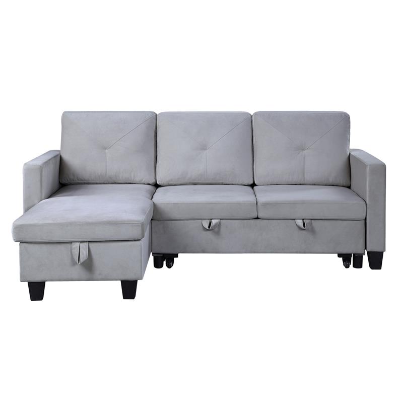 Pemberly Row Velvet Reversible Sleeper Sectional with Storage in Light Gray