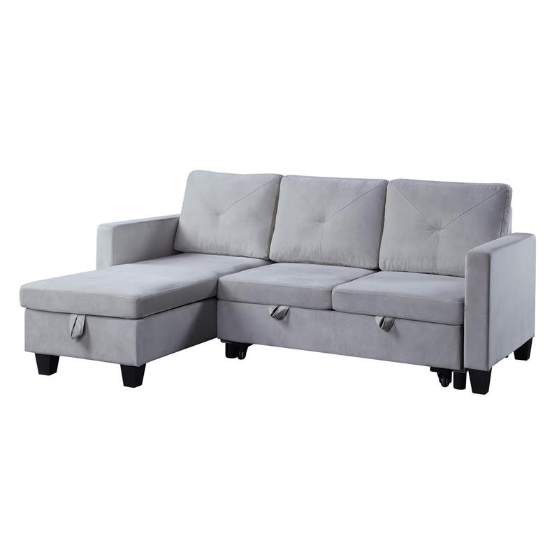 Pemberly Row Velvet Reversible Sleeper Sectional with Storage in Light Gray