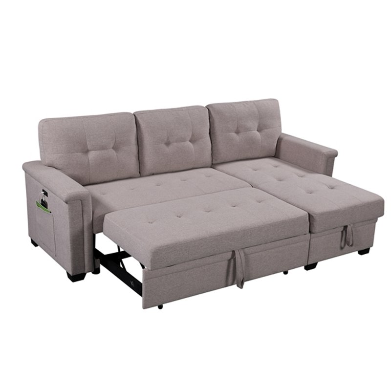 Pemberly Row Gray Fabric Reversible Sleeper Sofa USB Charger Storage Chaise