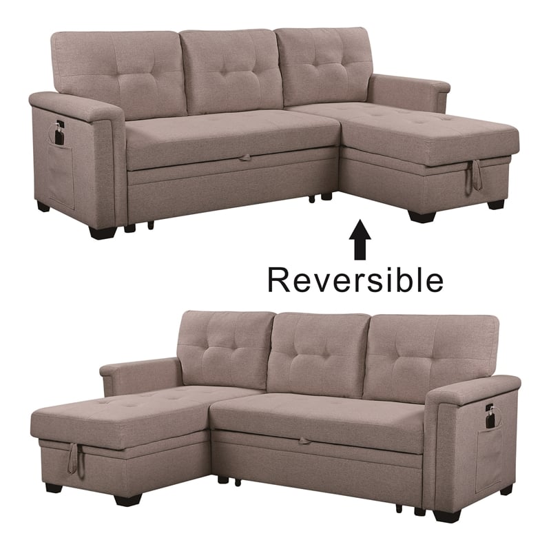 Pemberly Row Gray Fabric Reversible Sleeper Sofa USB Charger Storage Chaise