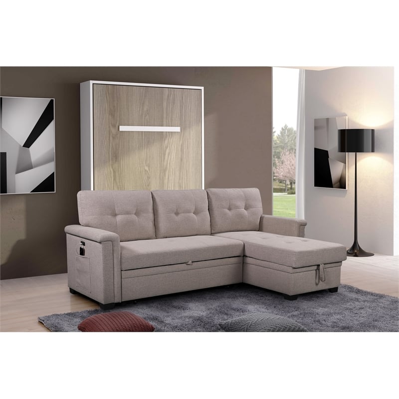 Pemberly Row Gray Fabric Reversible Sleeper Sofa USB Charger Storage Chaise
