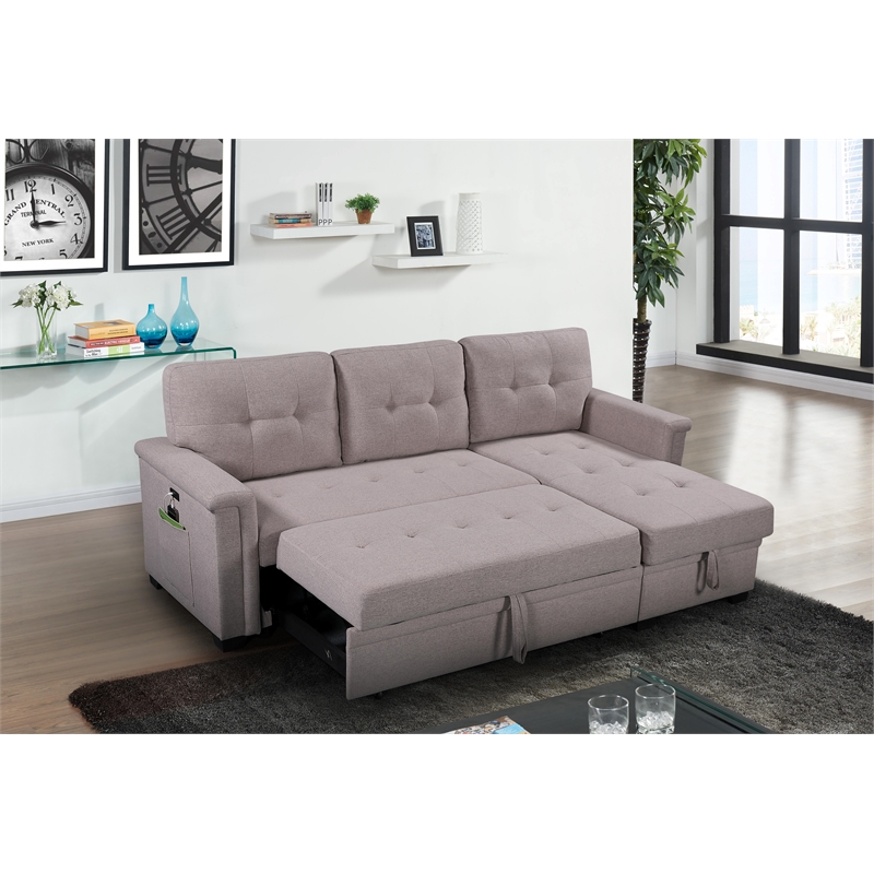 Pemberly Row Gray Fabric Reversible Sleeper Sofa USB Charger Storage Chaise