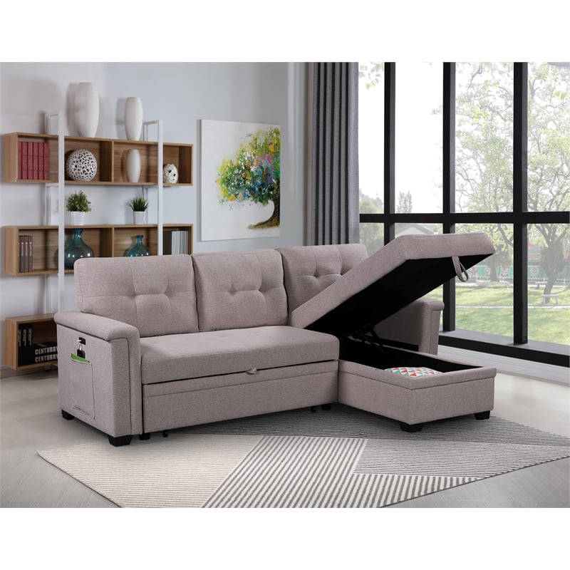 Pemberly Row Gray Fabric Reversible Sleeper Sofa USB Charger Storage Chaise