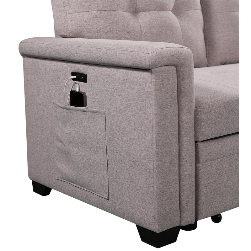 Pemberly Row Gray Fabric Reversible Sleeper Sofa USB Charger Storage Chaise