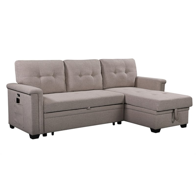 Pemberly Row Gray Fabric Reversible Sleeper Sofa USB Charger Storage Chaise