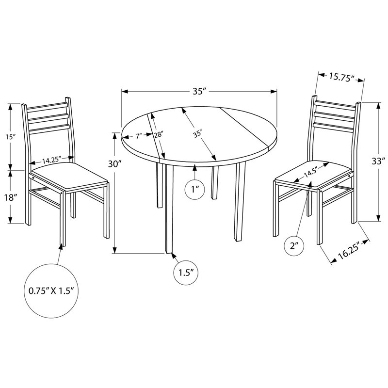 Pemberly Row Dining Table Set 3pcs Set - Drop Leaf Kitchen Metal Brown Black